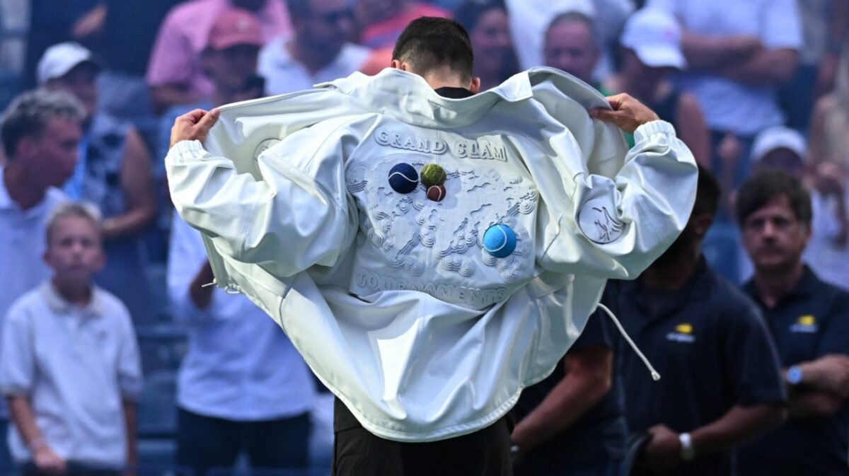 Novak Djokovic white Grand Slam jacket US Open 2025 Lacoste