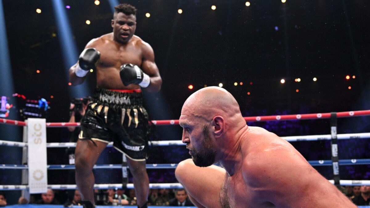 Francis Ngannou knocking down Tyson Fury 