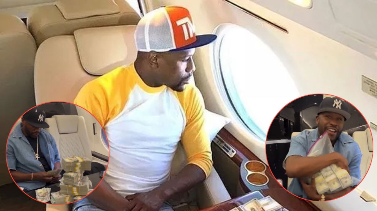 Floyd Mayweather Flexes Loads of a Cash in Private Jet as First Reaction to Mike Tyson Fight Announcement