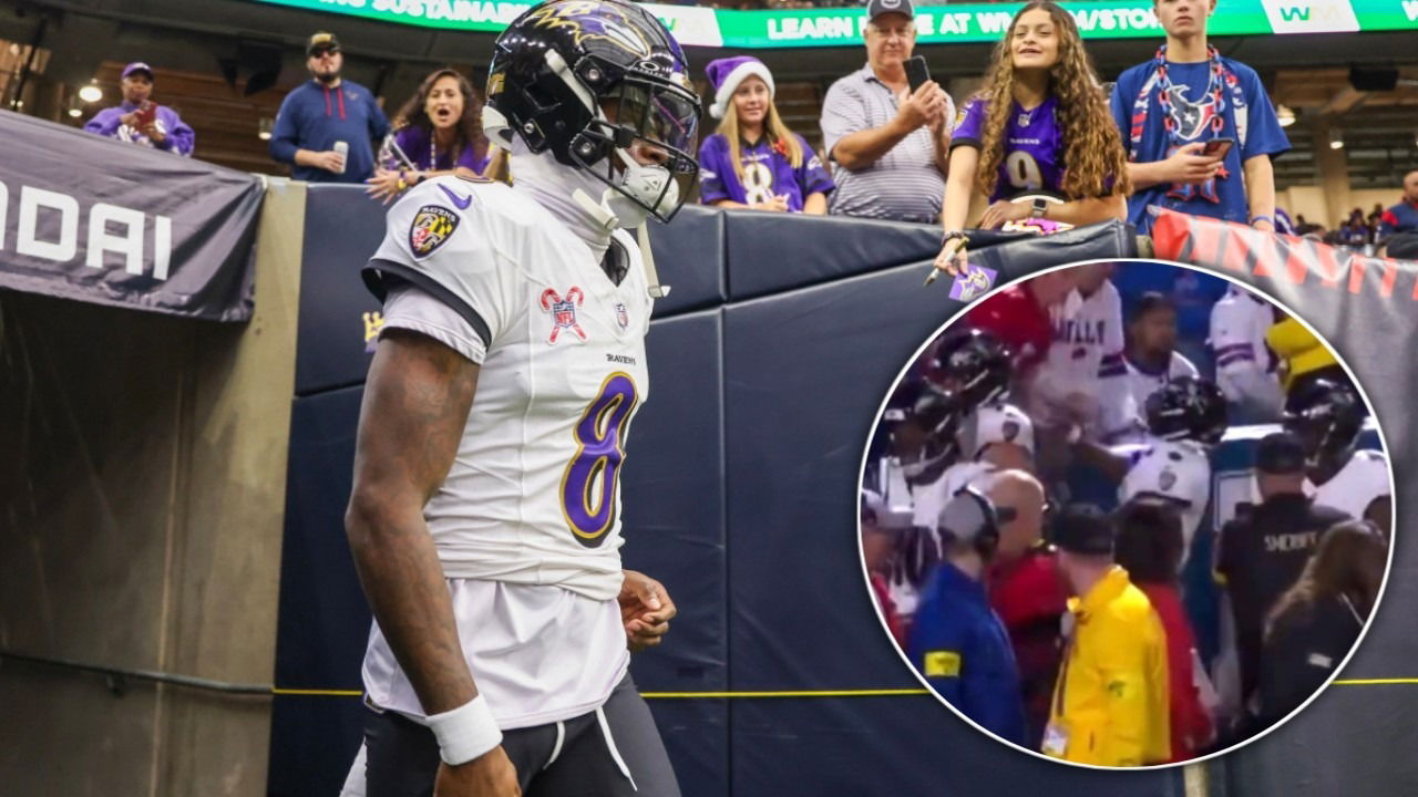 (Video) ‘Furious’ Lamar Jackson Pushes Bills Fan Away Who Tries to Hit Him in the Head