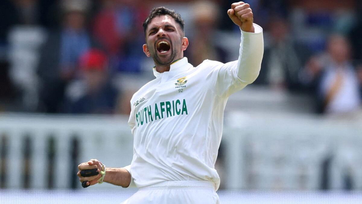 Keshav Maharaj celebrating a test wicket.