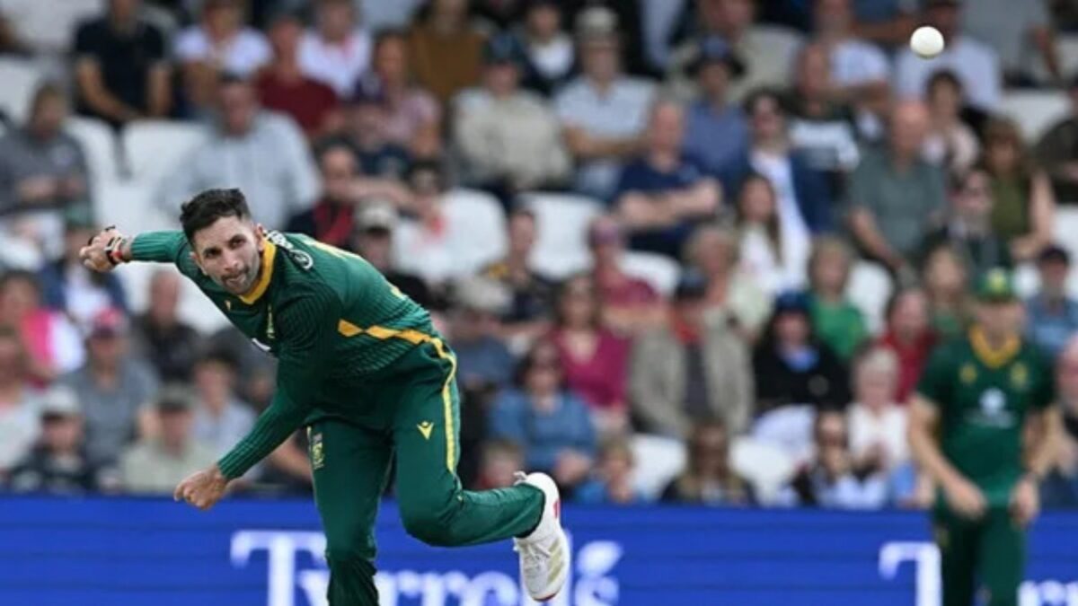 Keshav Maharaj bowling in ODI cricket.