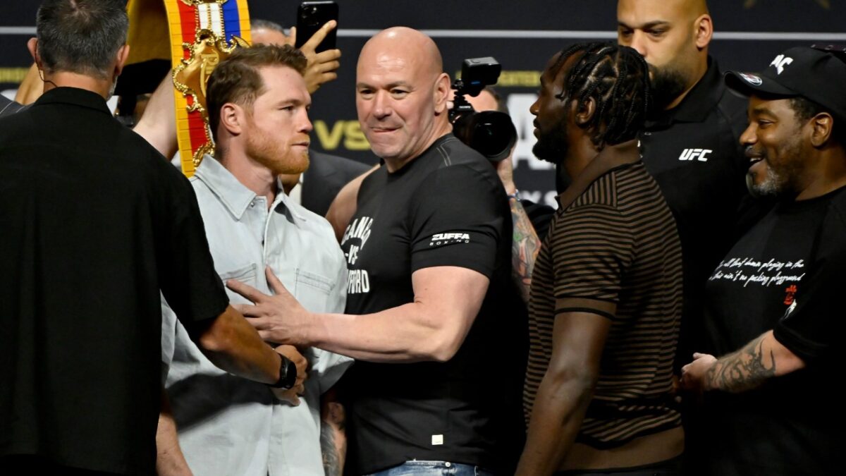 "Gonna Hate Dana Soon" - Turki Alalshikh's Awkward Moment With Dana White on Stage Leaves Fans in Splits 1 Dana White at Terence Crawford vs. Canelo Alvarez face off