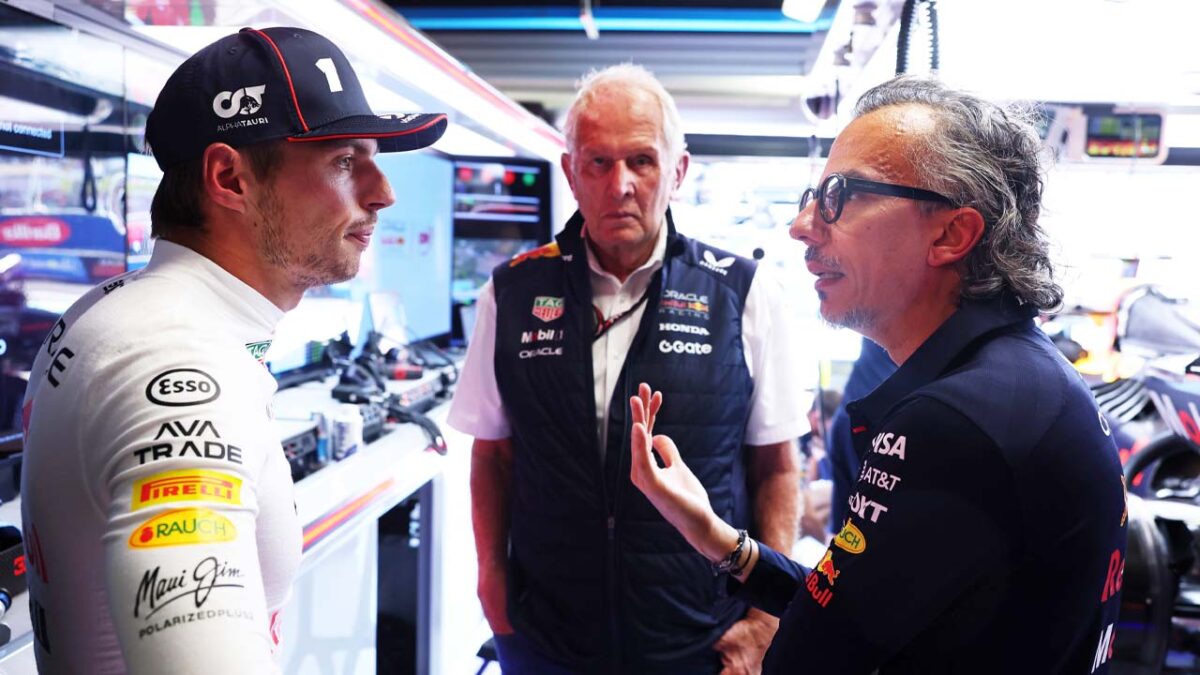 Max Verstappen, Helmut Marko, Laurent Mekies (via Red Bull)