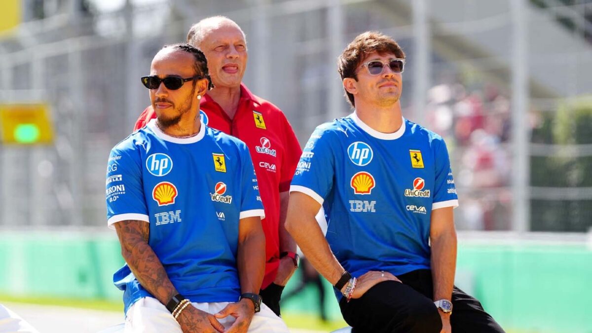 Lewis Hamilton, Fred Vasseur and Charles Leclerc (via Getty)