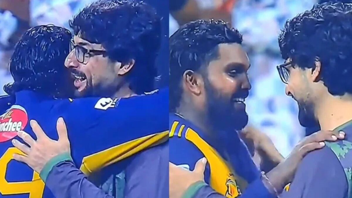 Wanindu Hasaranga and Abrar Ahmed embrace each other after fun banter.