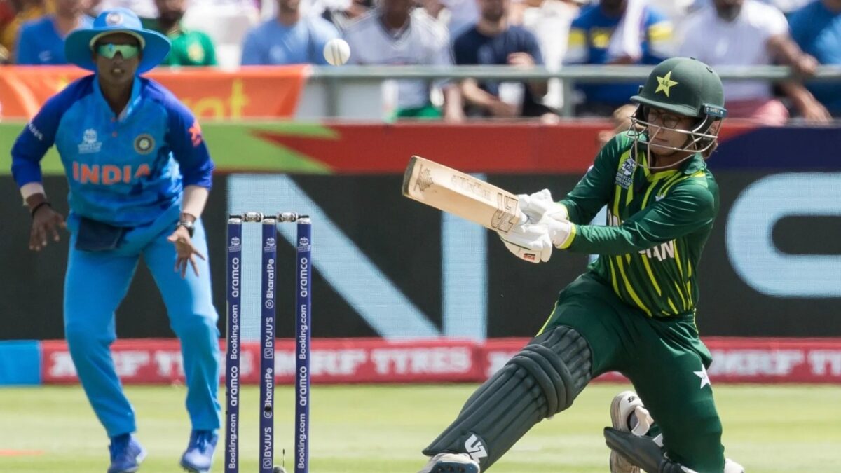 Muneeba Ali plays the ramp shot against India at the t20 world cup in 2024.