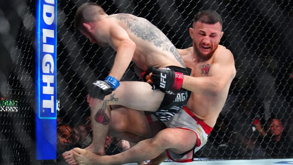 Merab Dvalishvili dominating Cory Sandhagen at UFC 320