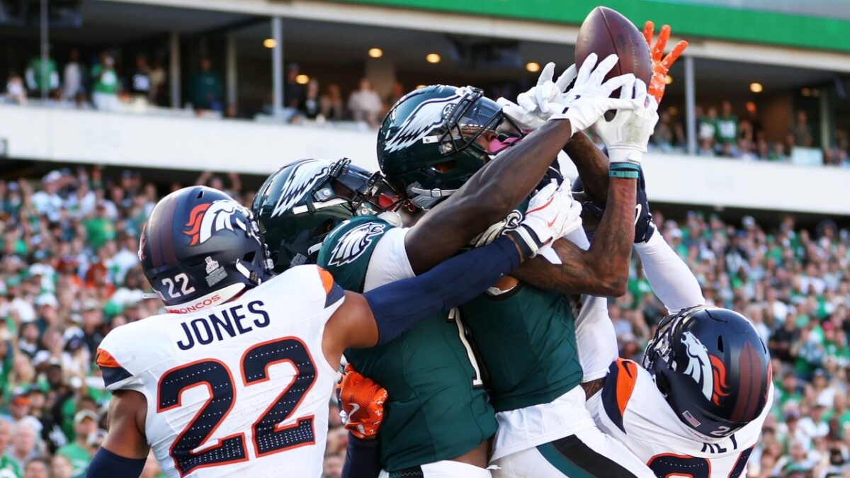 AJ Brown and DeVonta Smith trying to grab the Hail Mary