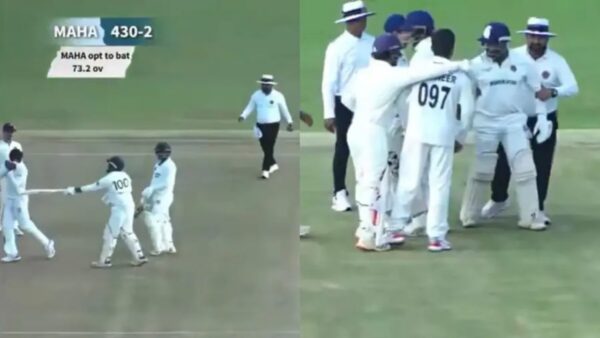 Prithvi Shaw and Musheer Khan have an altercation in the warm up Ranji Trophy match between Maharashtra and Mumbai.