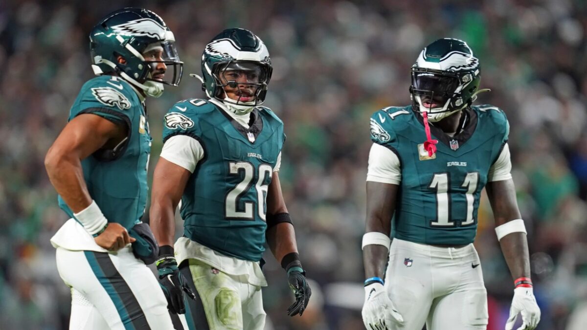 Jalen Hurts, Saquon Barkley, and AJ Brown