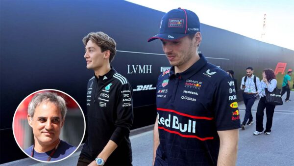 George Russell and Max Verstappen (via F1), Juan Pablo Montoya (via Getty)
