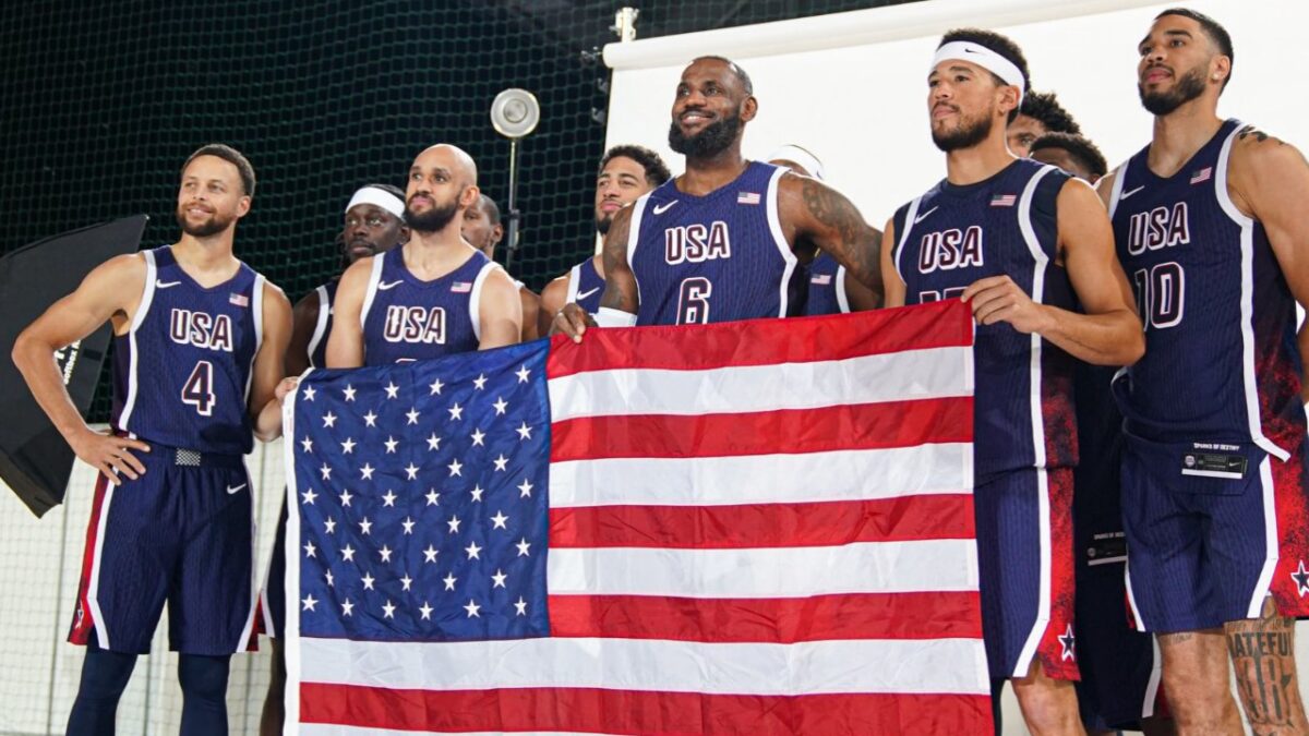 Derrick White with LeBron James and Team USA