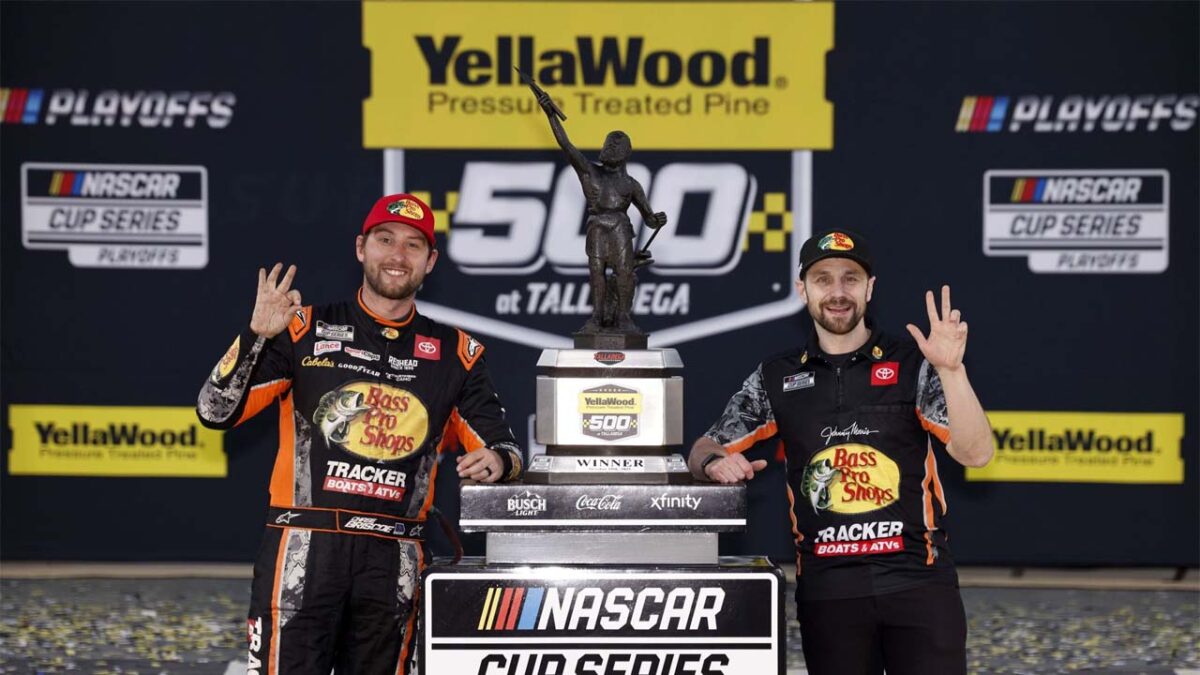 Christopher Bell Declares Chase Briscoe "Exceeded Expectations" in 2025 1 Chase Briscoe and James Small after his YellaWood 500 win (via Sean Gardner / Getty Images)