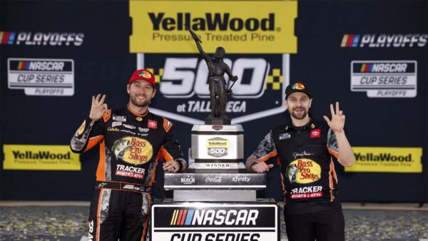Chase Briscoe and James Small after his YellaWood 500 win (via Sean Gardner / Getty Images)