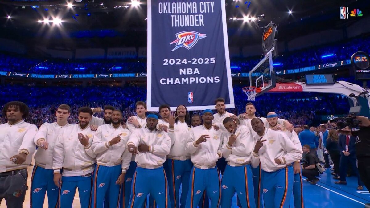 Thunder players with their championship banner