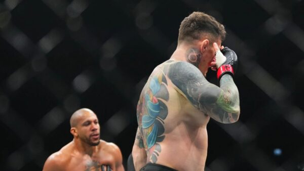 Tom Aspinall after getting poked in the eye at UFC 321