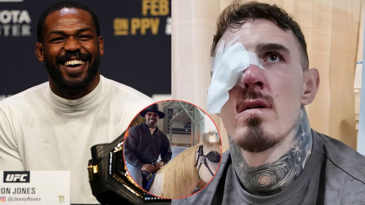 Jon Jones Takes Tom Aspinall Trolling to Next Level by Riding Horse with Eye Patch