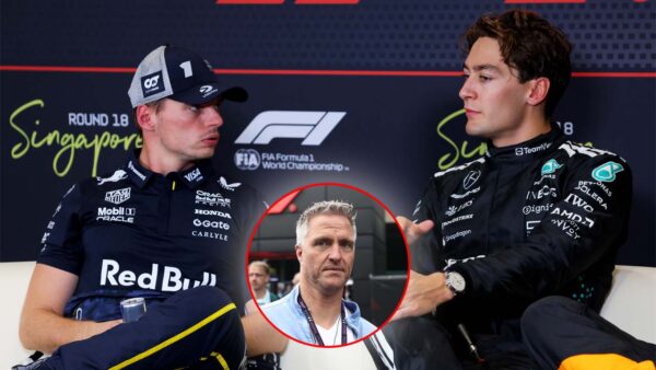 Max Verstappen and George Russell (via Red Bul), Ralf Schumacher (via Getty)