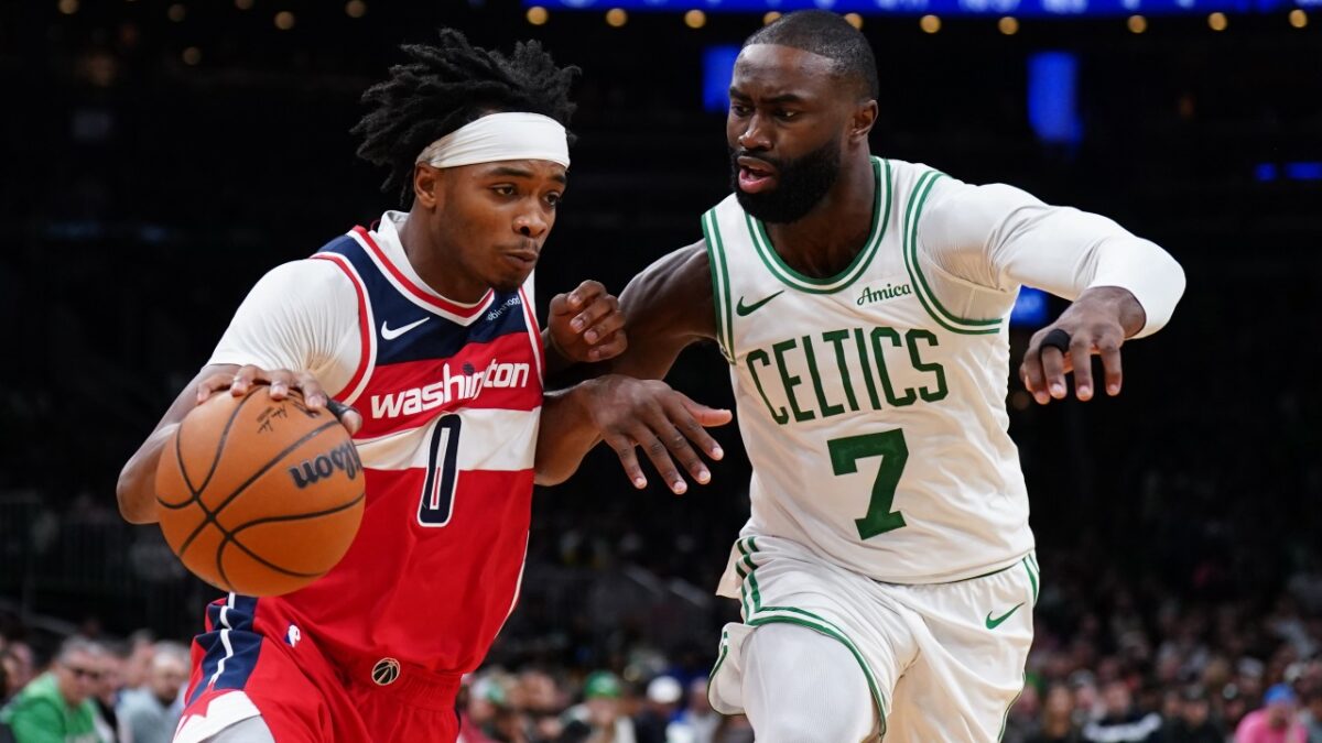 Wizards' Bilal Coulibaly battling Jaylen Brown
