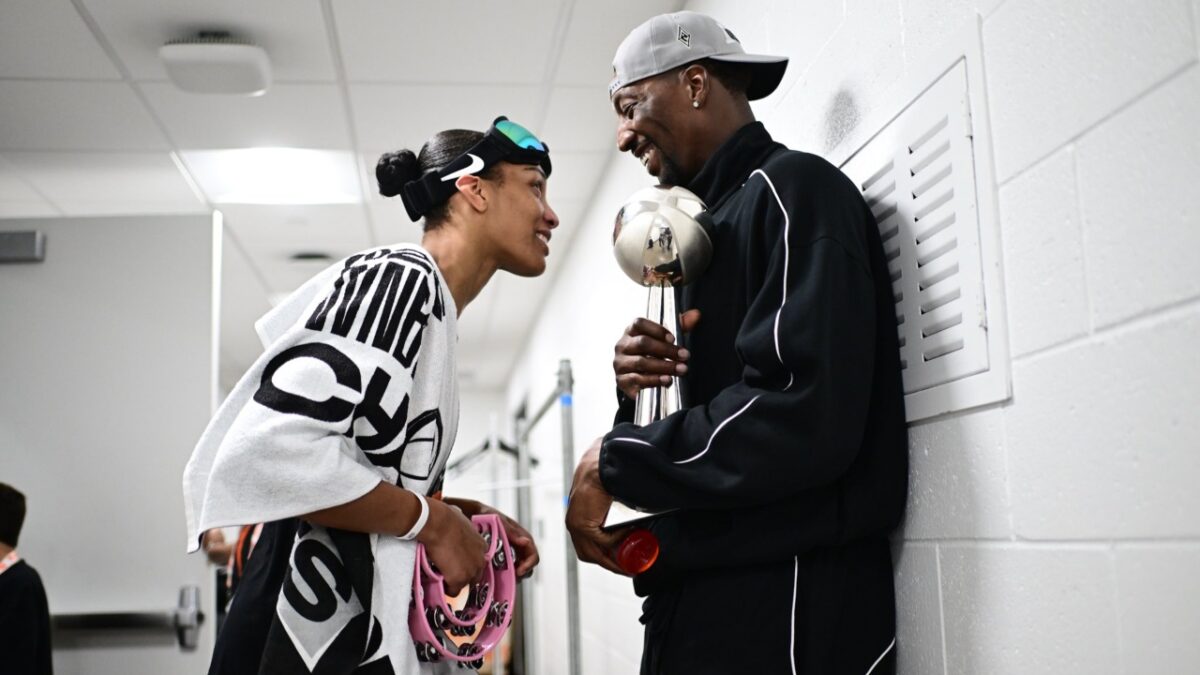 A'ja Wilson with Bam Adebayo after winning the 2025 WNBA title