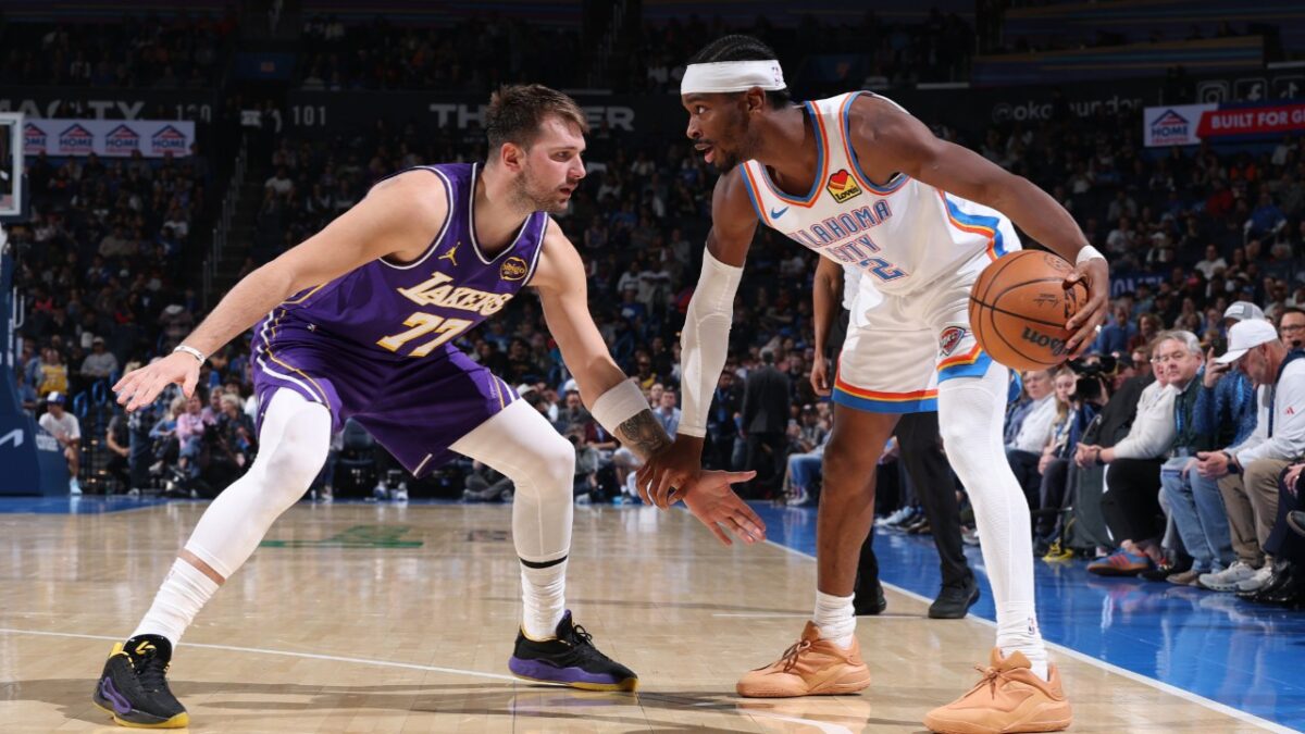 Luka Doncic defending Shai Gilgeous-Alexander