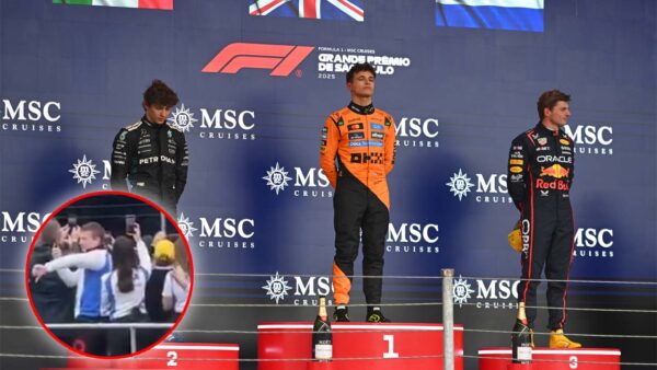 Kimi Antonelli, Lando Norris and Max Verstappen on Brazil GP podium (via Red Bull), Racing Bull employee booing (via @Norrislandofans/X)