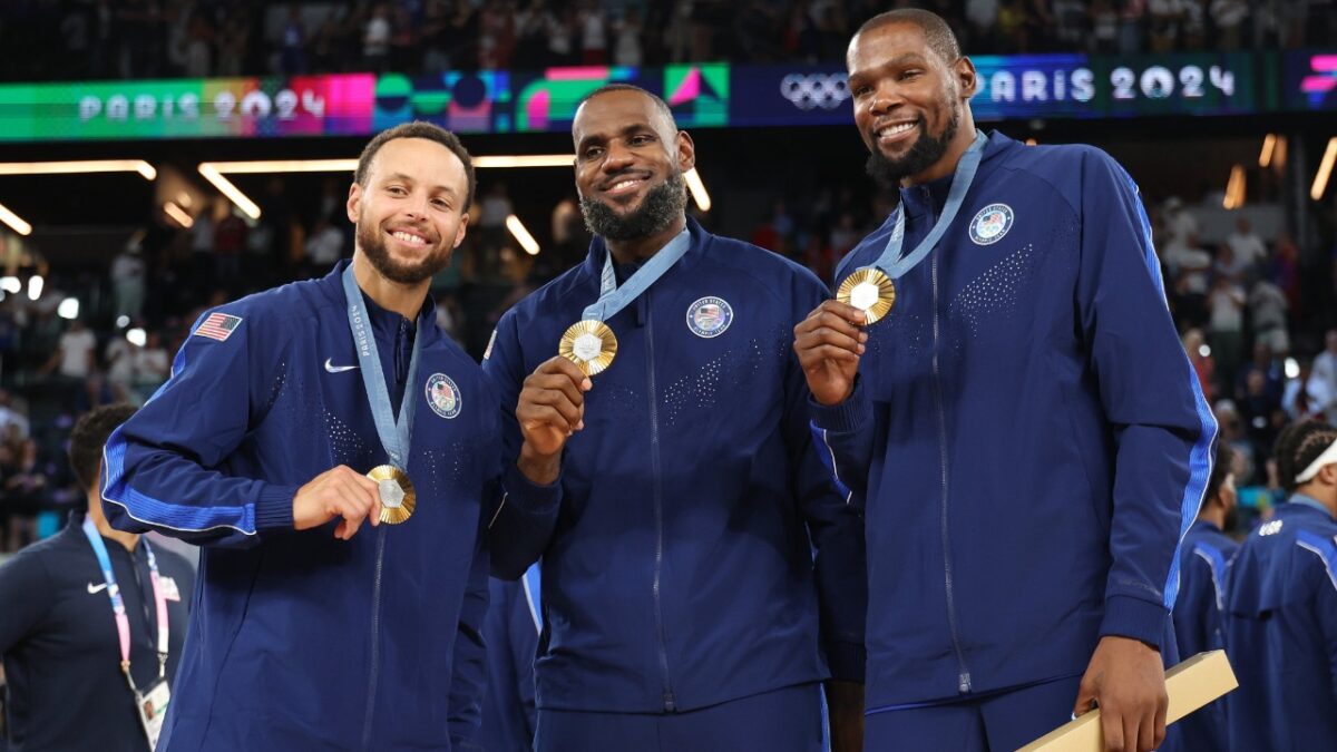 Stephen Curry, LeBron James and Kevin Durant after winning gold in Paris