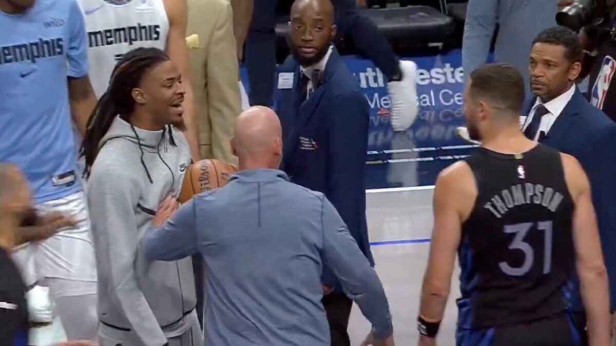 (Video) Chaos Ensues After Ja Morant Puts Finger in Klay Thompson's Face During Mavs vs. Grizzlies 1 Jaklay