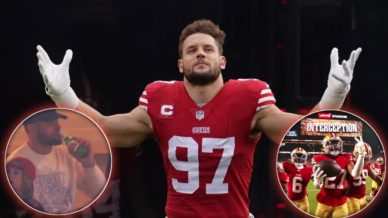 (Video) Injured Nick Bosa Enjoys a Beer While 49ers Defense Steps Up Big Against Panthers