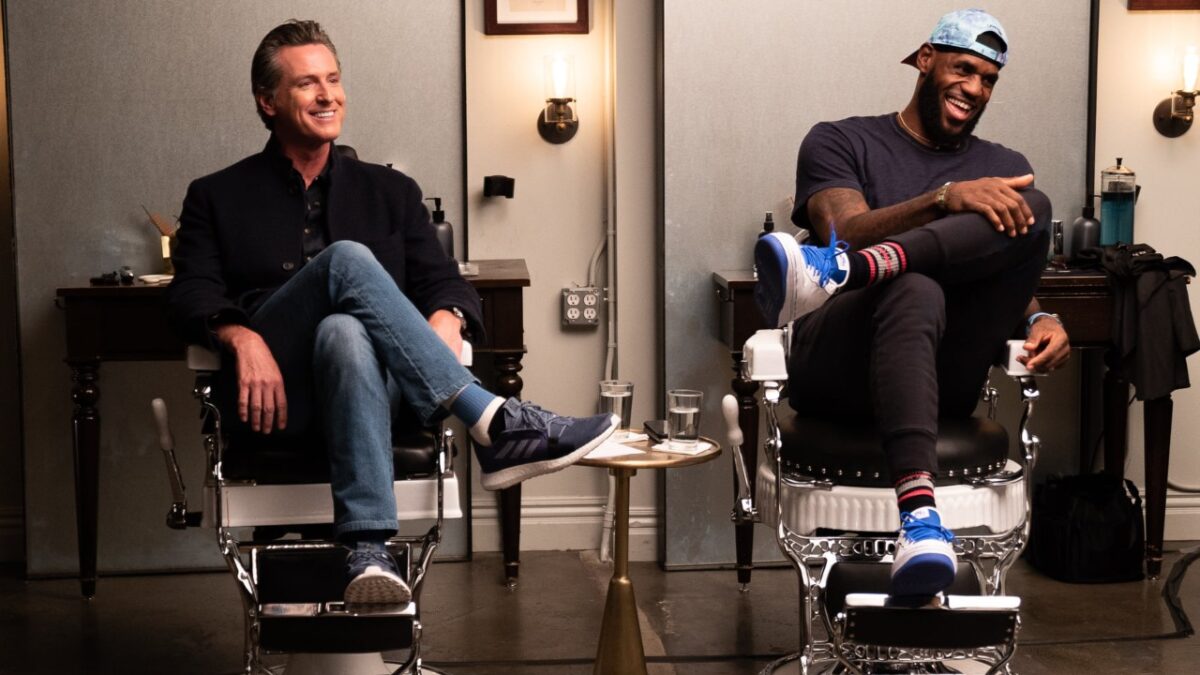 Governor Gavin Newsom with LeBron James at The Shop