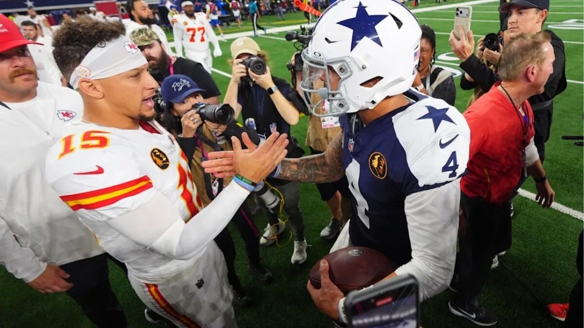 Chiefs-Cowboys Thanksgiving Game Shatters All Viewership Records 1 Kansas City Chiefs QB Patrick Mahomes and Dallas Cowboys counterpart Dak Prescott dap hands after the Thanksgiving game
