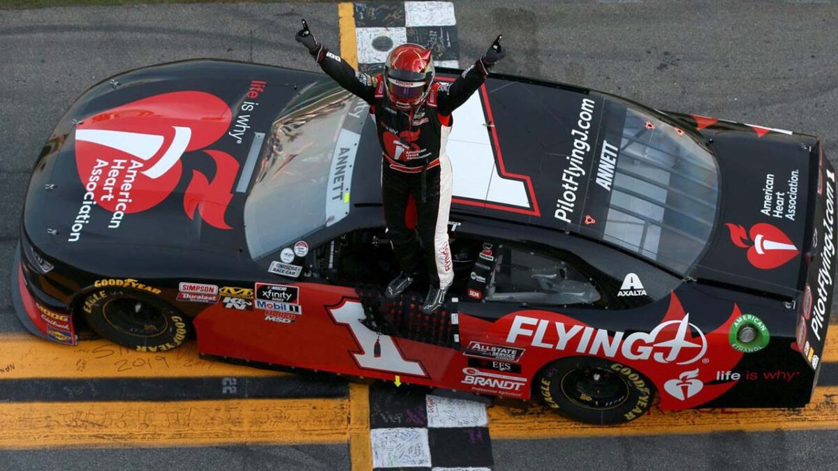 Michael Annett winninng the 2019 Daytona Race (via NASCAR)