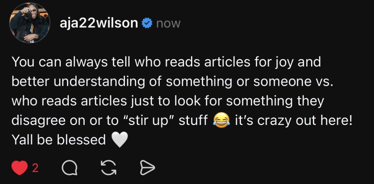 A’ja Wilson Tries to Defuse Angry Fans After TIME Article's Subtle Dig at Caitlin Clark’s Injuries 1 A'ja Wilson's message