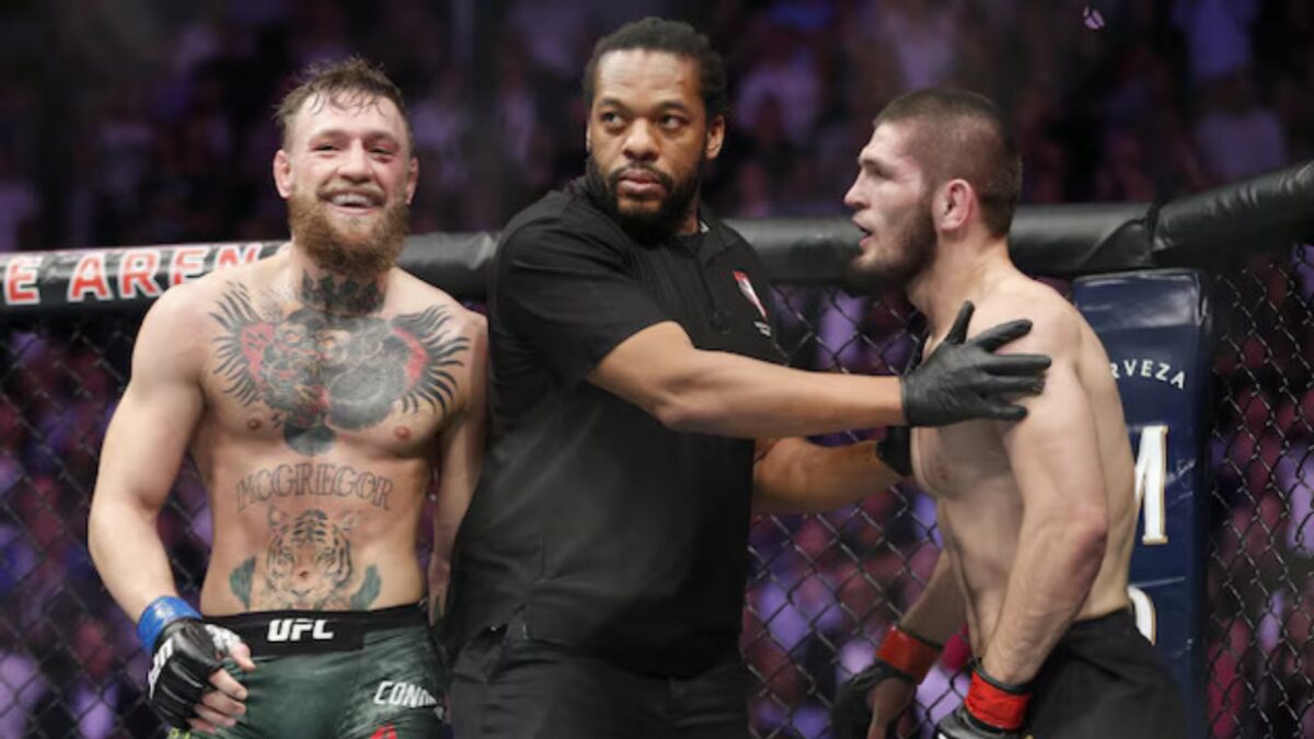 Khabib Nurmagomedov Trolls Conor McGregor for Giving Mike Tyson 'Boxing Lessons' 1 Conor McGregor Khabib Nurmagomedov at UFC 229