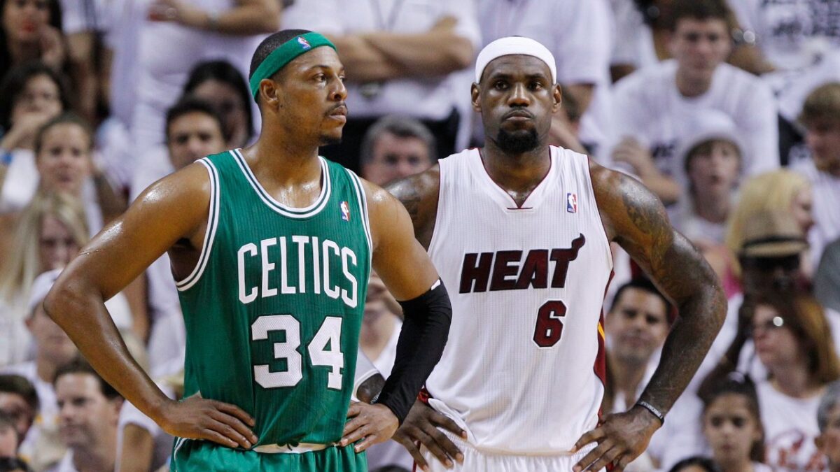 Paul Pierce and LeBron James during the 2012 East Finals