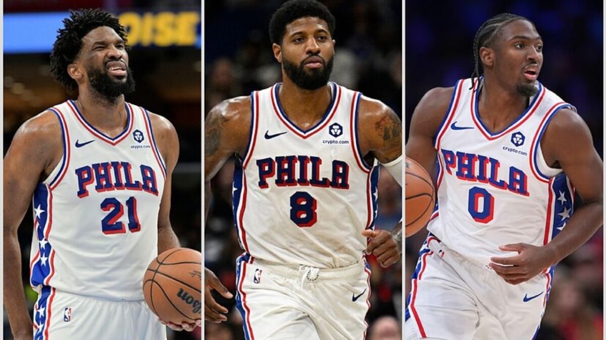 Joel Embiid, Paul George and Tyrese Maxey
