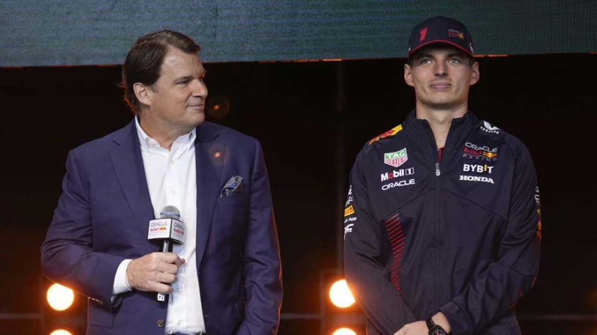 Ford CEO Jim Farley with Max Verstappen (via AP)
