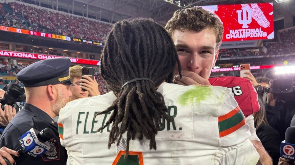 Miami Hurricanes RB Mark Fletcher Jr. congratulating Indiana Hoosiers QB Fernando Mendoza for the National Championship (Image via X/@sportsiren)