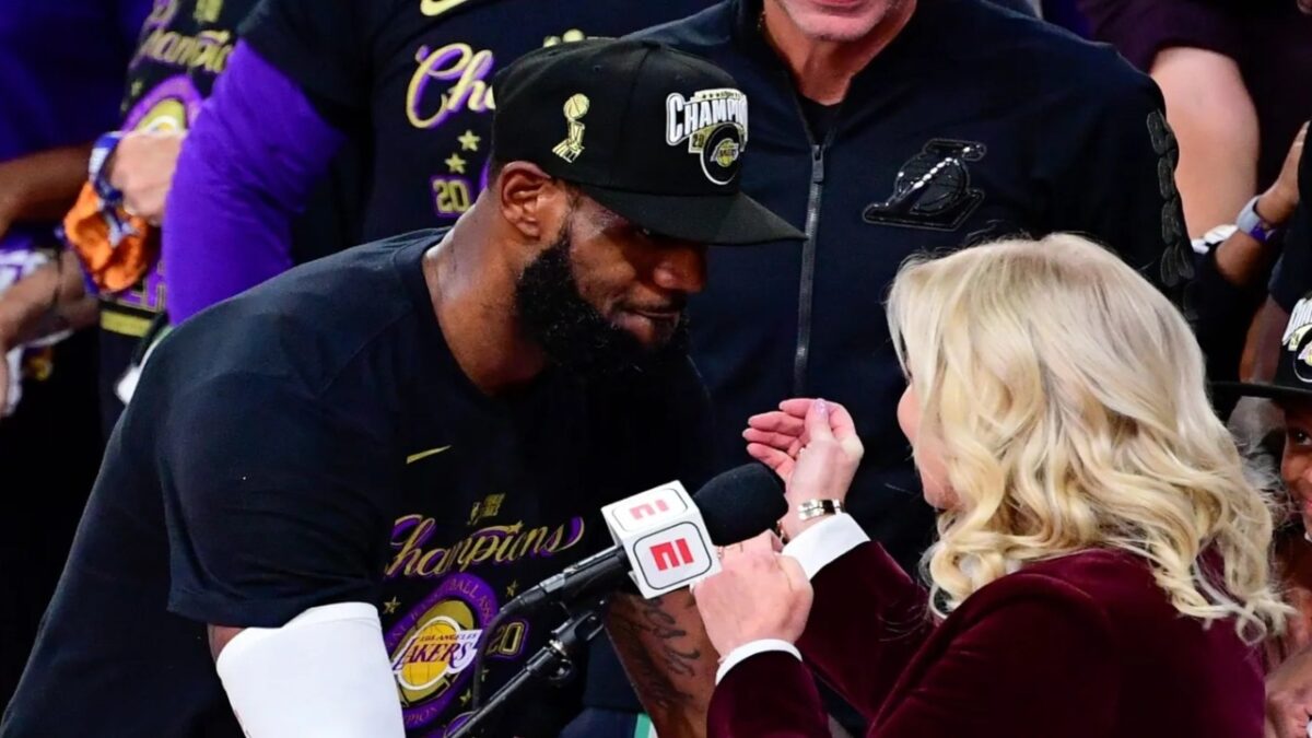 LeBron James and Jeanie Buss after the 2020 championship