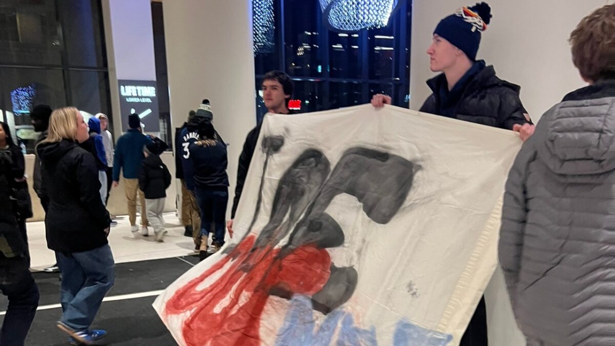 Protestor with an 'ICE OUT' sign at Target Center