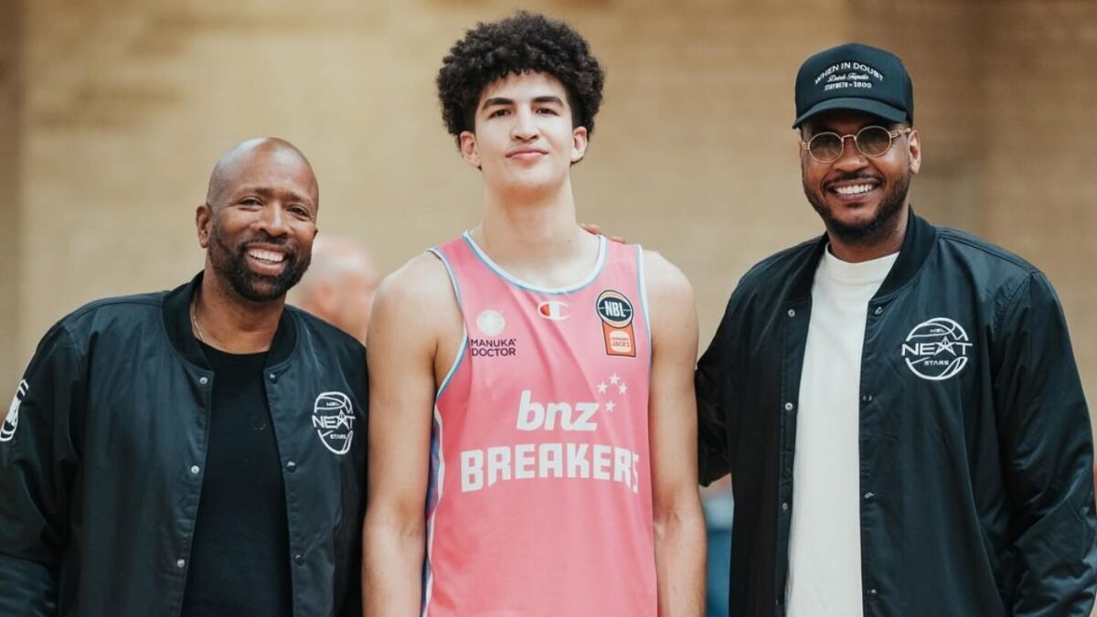 Kenny Smith, NBL prospect Karim Lopez, and Carmelo Anthony in Australia