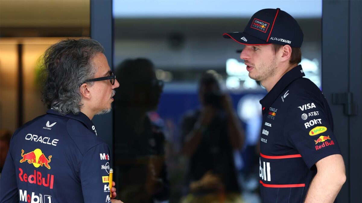 Laurent Mekies and Max Verstappen (via Red Bull)