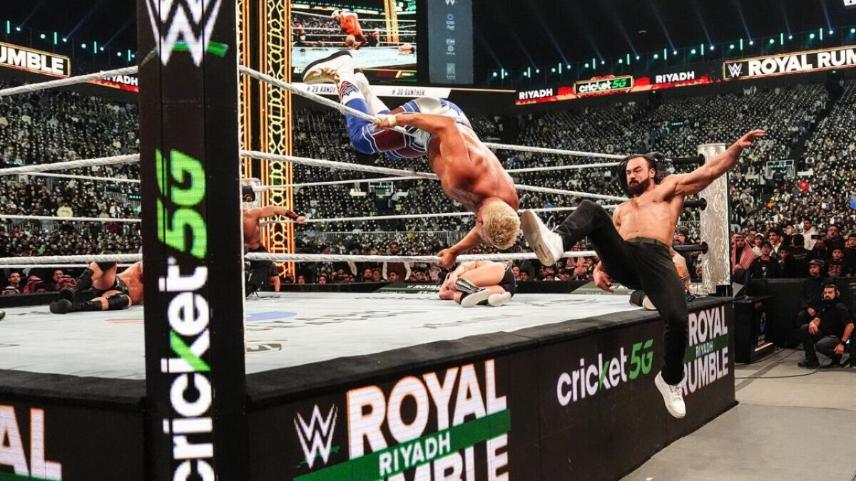 Drew McIntyre hitting the Claymore kick on Cody Rhodes during the men's Rumble