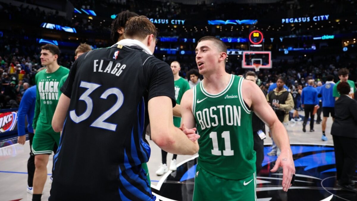 Payton Pritchard with Cooper Flagg and Mavs players after his Celtics won