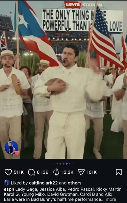 Caitlin Clark liking Bad Bunny's Super Bowl performance