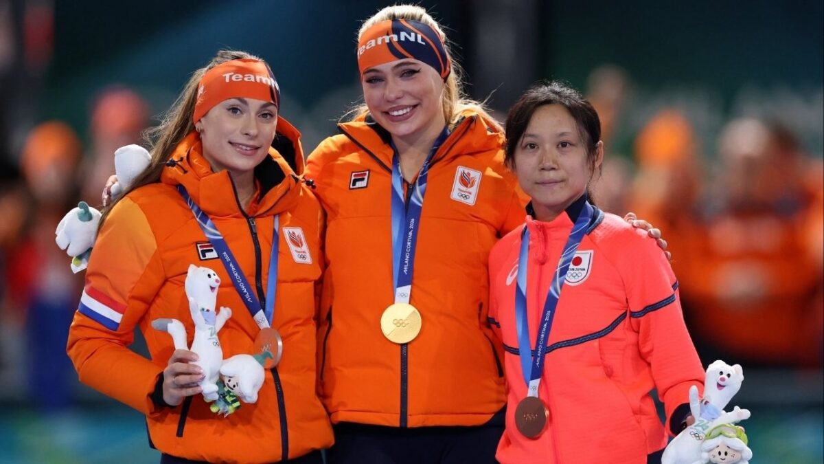 Jake Paul Broke Down In The Stands As Fiancee Jutta Leerdam Smashed The Olympic Record for Maiden Gold 1 Femke Kok (left), Jutta Leerdam (center), and Miho Takagi (right) at the women’s 1000m speed skating podium, posing with their medals (Image via @milanocortina26 on X)