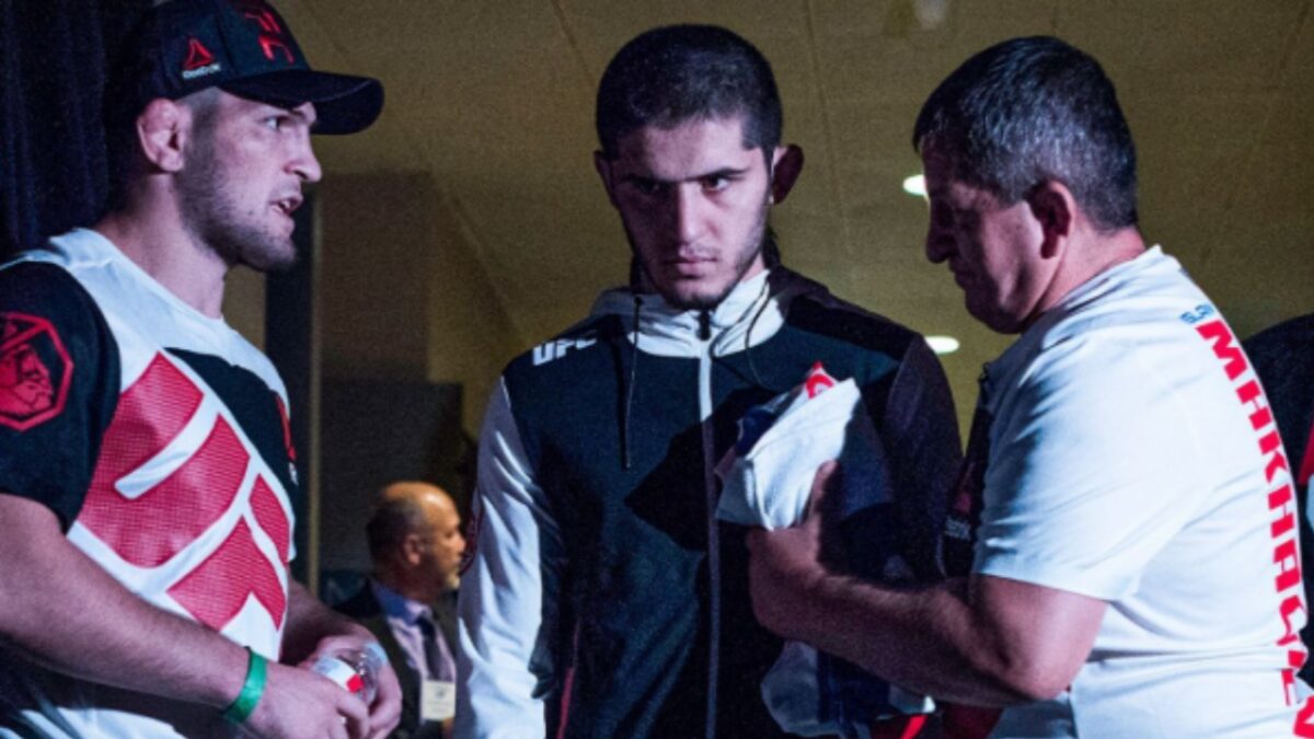 Islam Makhachev with Khabib Nurmagomedov and Abdulmanap Nurmagomedov