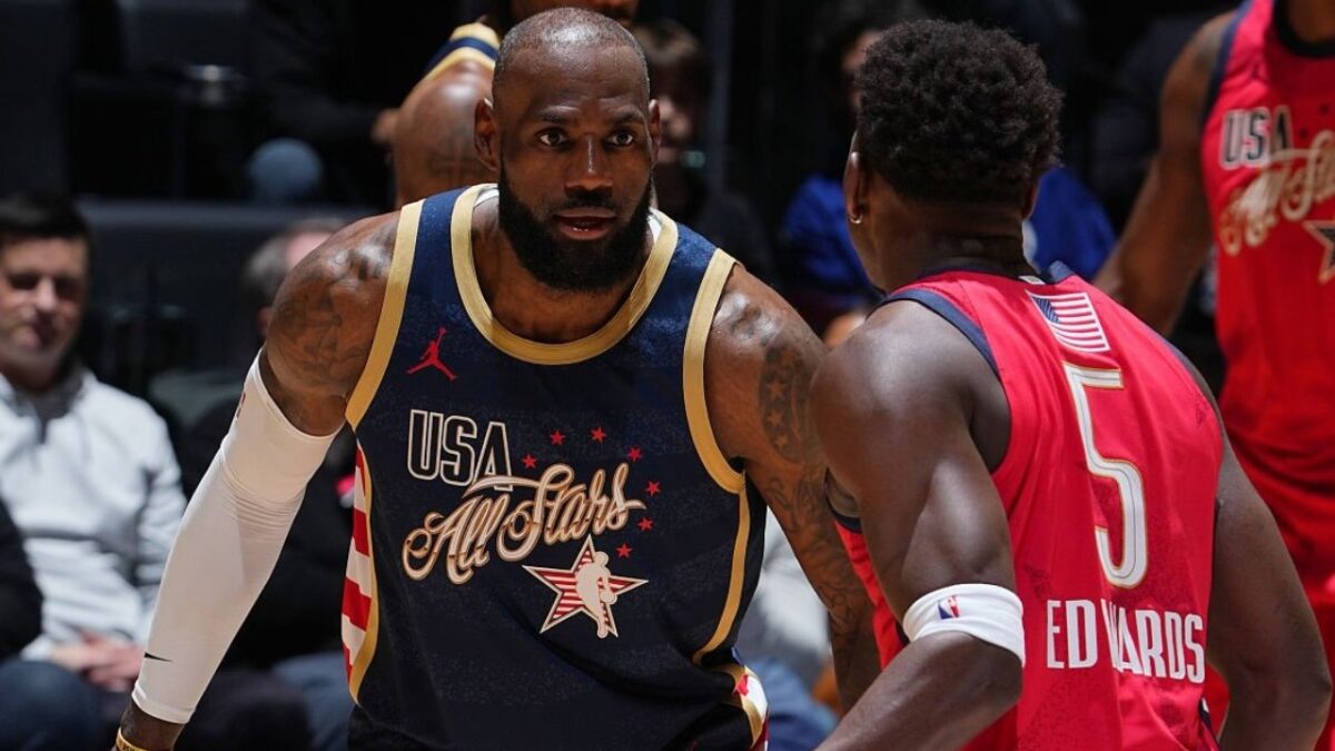 LeBron James and Anthony Edwards at the 2026 All-Star game