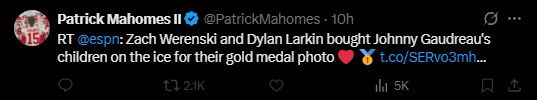 Patrick Mahomes Directs ESPN to Correct Disastrous Gaffe Involving Johnny Gaudreau's Children After USA Hockey Gold 1 Patrick Mahomes pointing out ESPN's gaffe